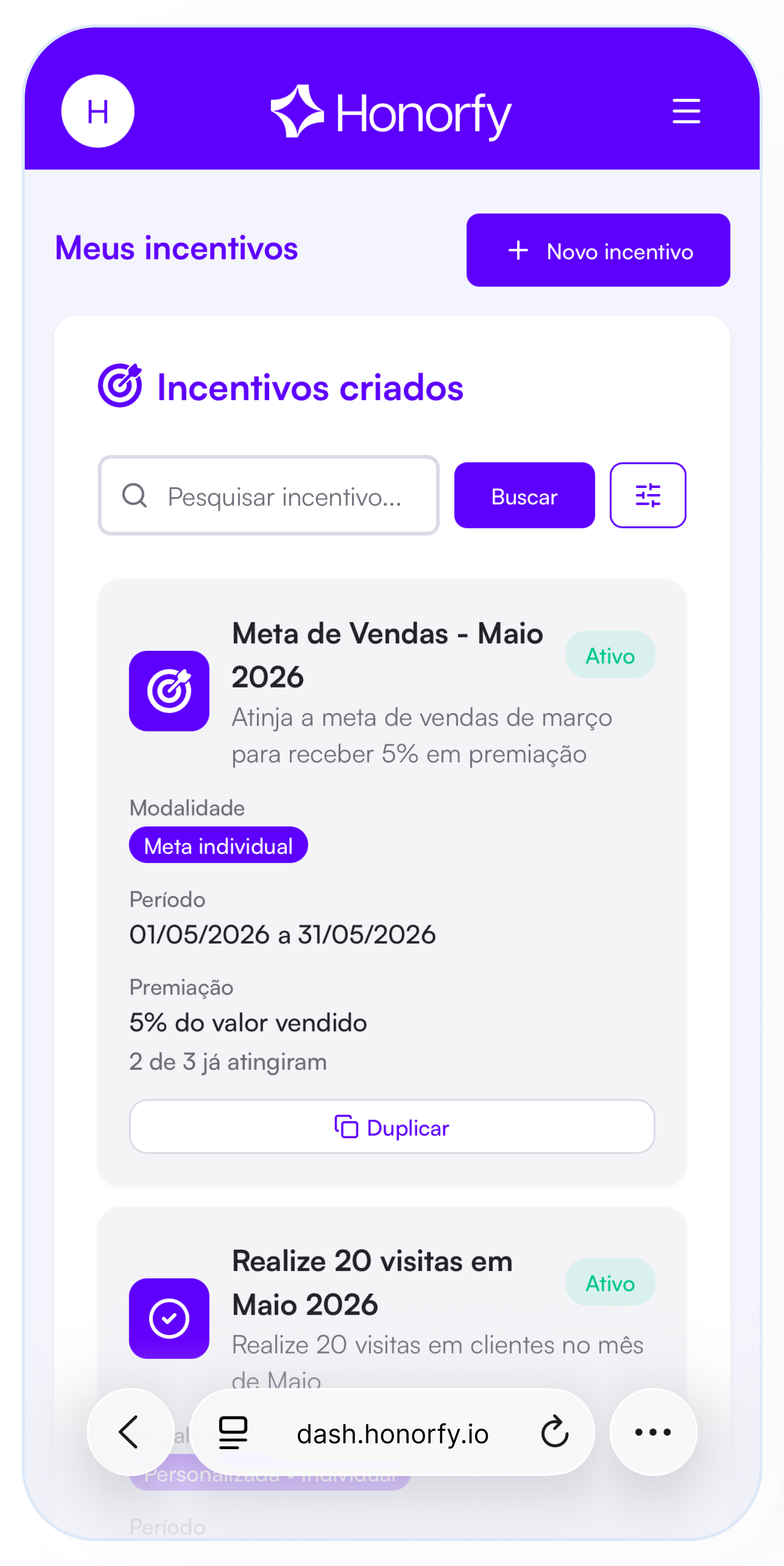 Captura da plataforma Honorfy: Metas e Missões