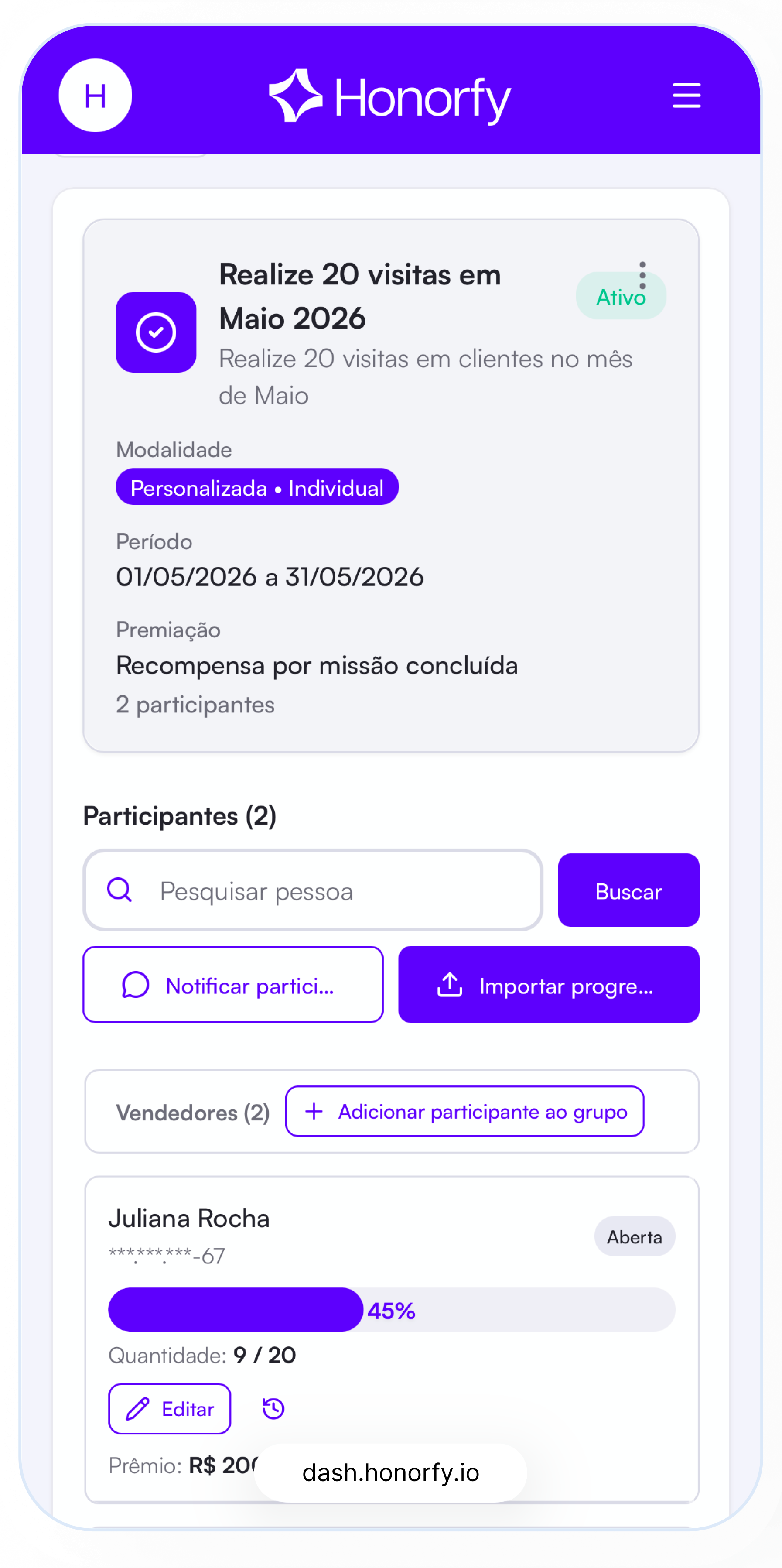 Captura da plataforma Honorfy: Missões Personalizadas