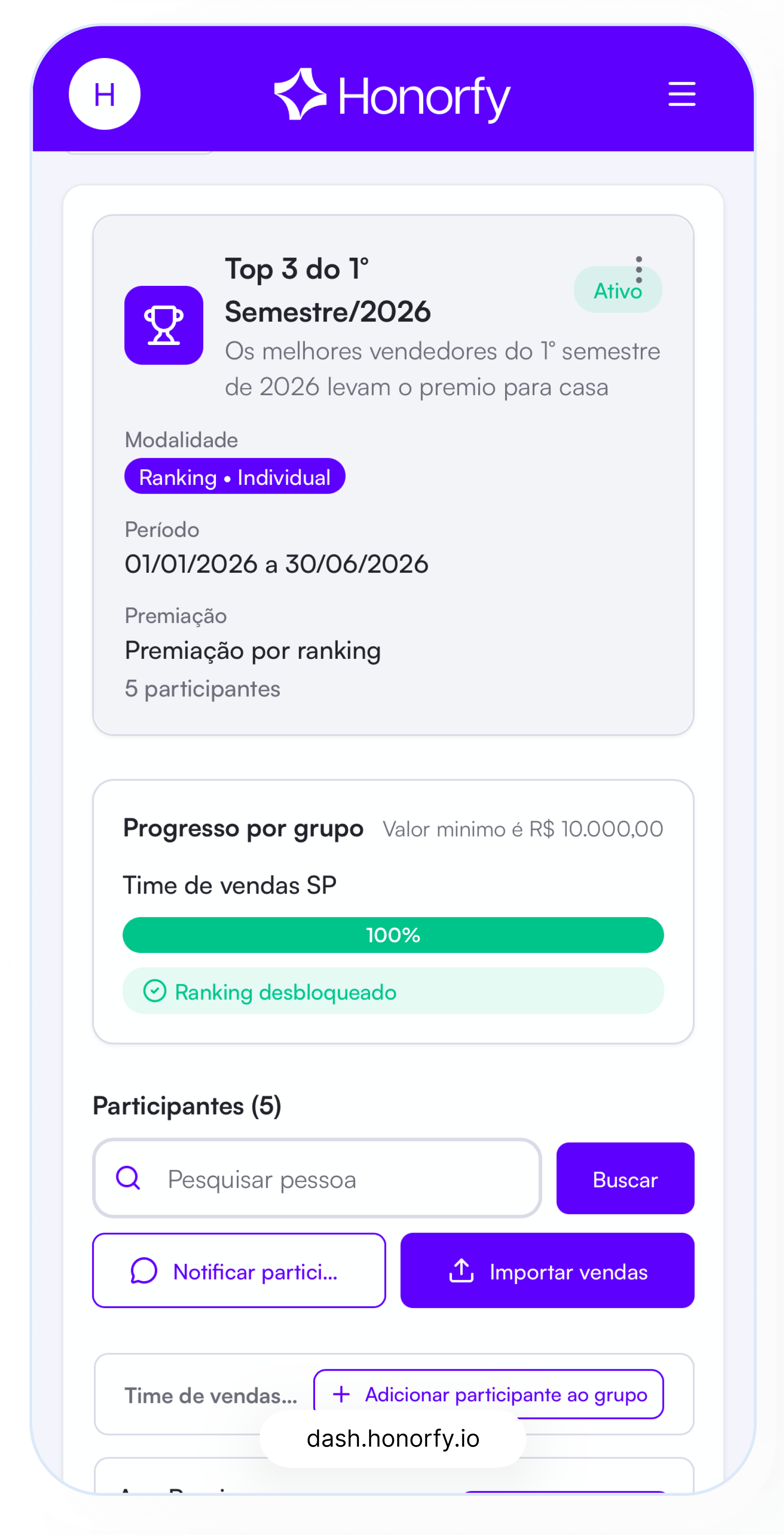 Captura da plataforma Honorfy: Gamificação para Colaboradores