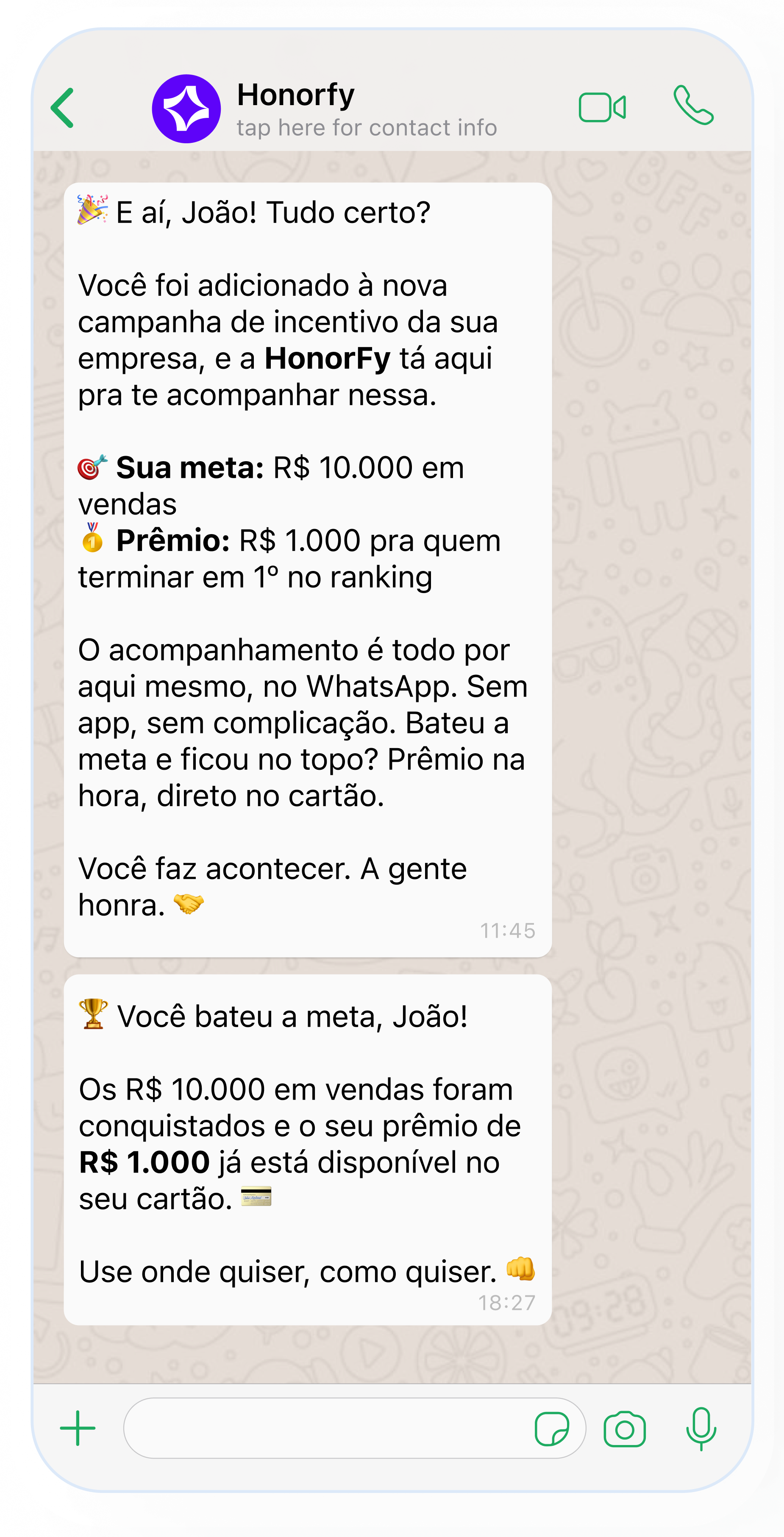 Captura da plataforma Honorfy: Ativação por WhatsApp