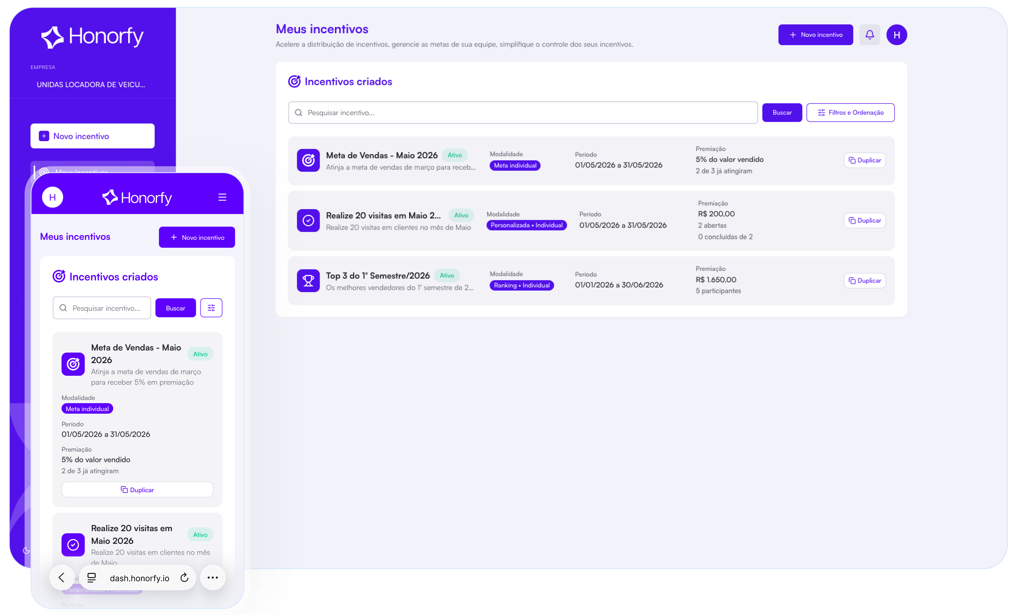 App Honorfy: criar campanha de incentivo no celular