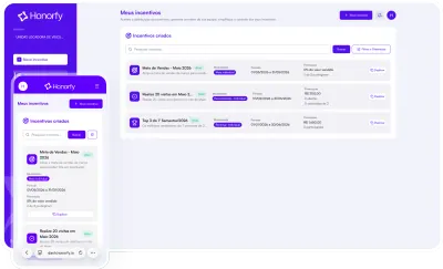 Software de incentivo Honorfy no celular: campanha de incentivo de vendas, sistema de premiação e metas
